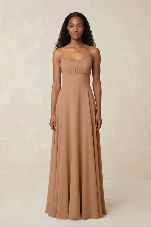 A - Line Ruched Chiffon Spaghetti Strap Bridesmaid Dress in Bronzer - KissProm Bridesmaid Dresses