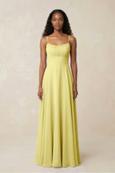 A - Line Ruched Chiffon Spaghetti Strap Bridesmaid Dress in Buttercup - KissProm Bridesmaid Dresses