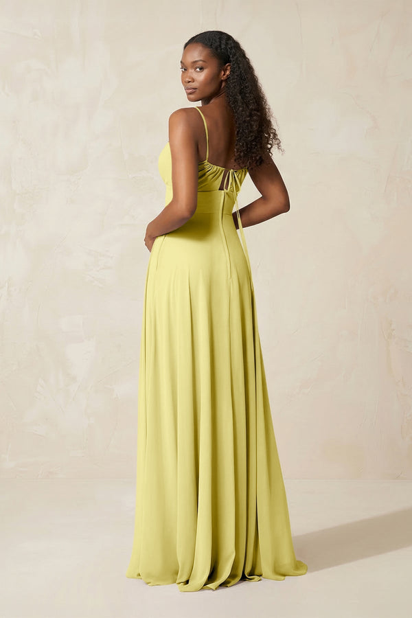 A - Line Ruched Chiffon Spaghetti Strap Bridesmaid Dress in Buttercup - KissProm Bridesmaid Dresses