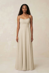 A - Line Ruched Chiffon Spaghetti Strap Bridesmaid Dress in Champagne - KissProm Bridesmaid Dresses