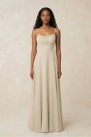 A - Line Ruched Chiffon Spaghetti Strap Bridesmaid Dress in Champagne - KissProm Bridesmaid Dresses