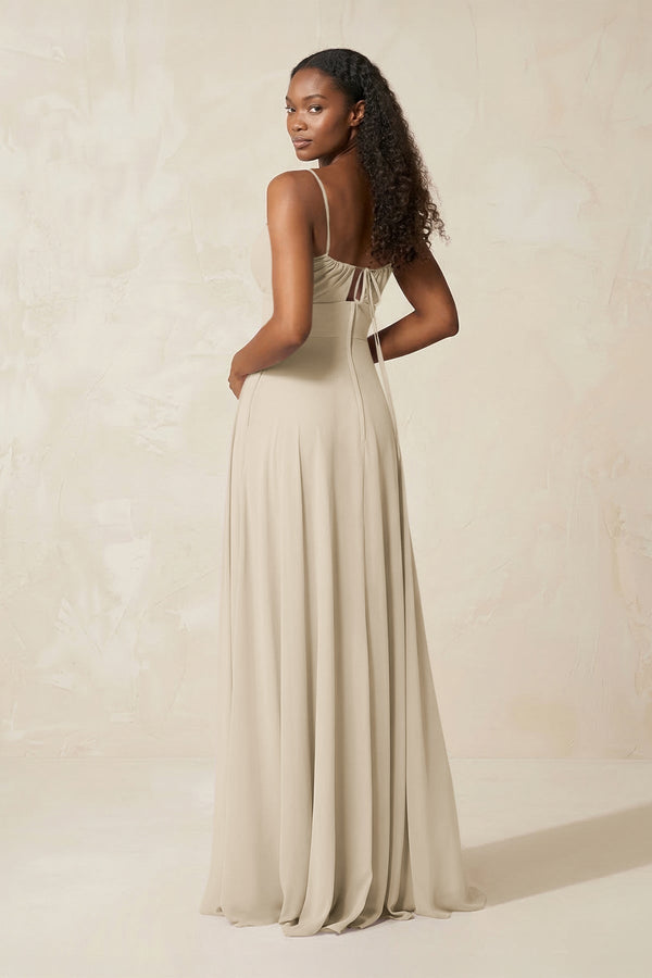 A - Line Ruched Chiffon Spaghetti Strap Bridesmaid Dress in Champagne - KissProm Bridesmaid Dresses