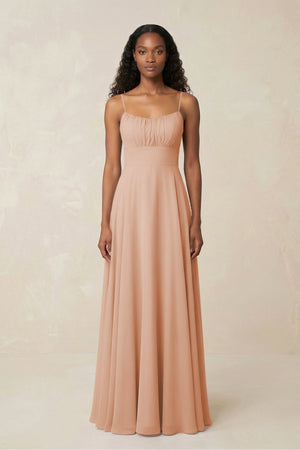 A - Line Ruched Chiffon Spaghetti Strap Bridesmaid Dress in Champagne Rose - KissProm Bridesmaid Dresses
