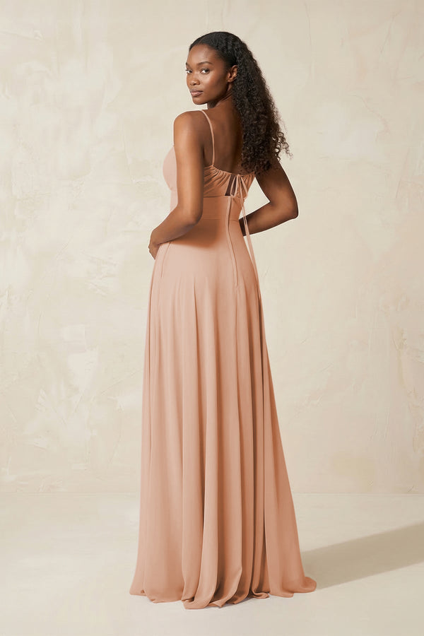 A - Line Ruched Chiffon Spaghetti Strap Bridesmaid Dress in Champagne Rose - KissProm Bridesmaid Dresses
