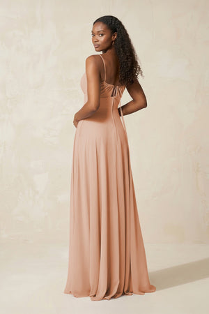 A - Line Ruched Chiffon Spaghetti Strap Bridesmaid Dress in Champagne Rose - KissProm Bridesmaid Dresses