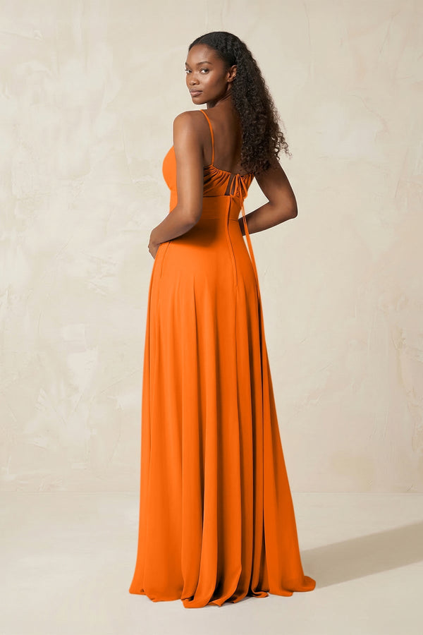 A - Line Ruched Chiffon Spaghetti Strap Bridesmaid Dress in Cinnamon - KissProm Bridesmaid Dresses