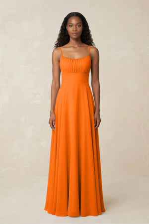 A - Line Ruched Chiffon Spaghetti Strap Bridesmaid Dress in Cinnamon - KissProm Bridesmaid Dresses