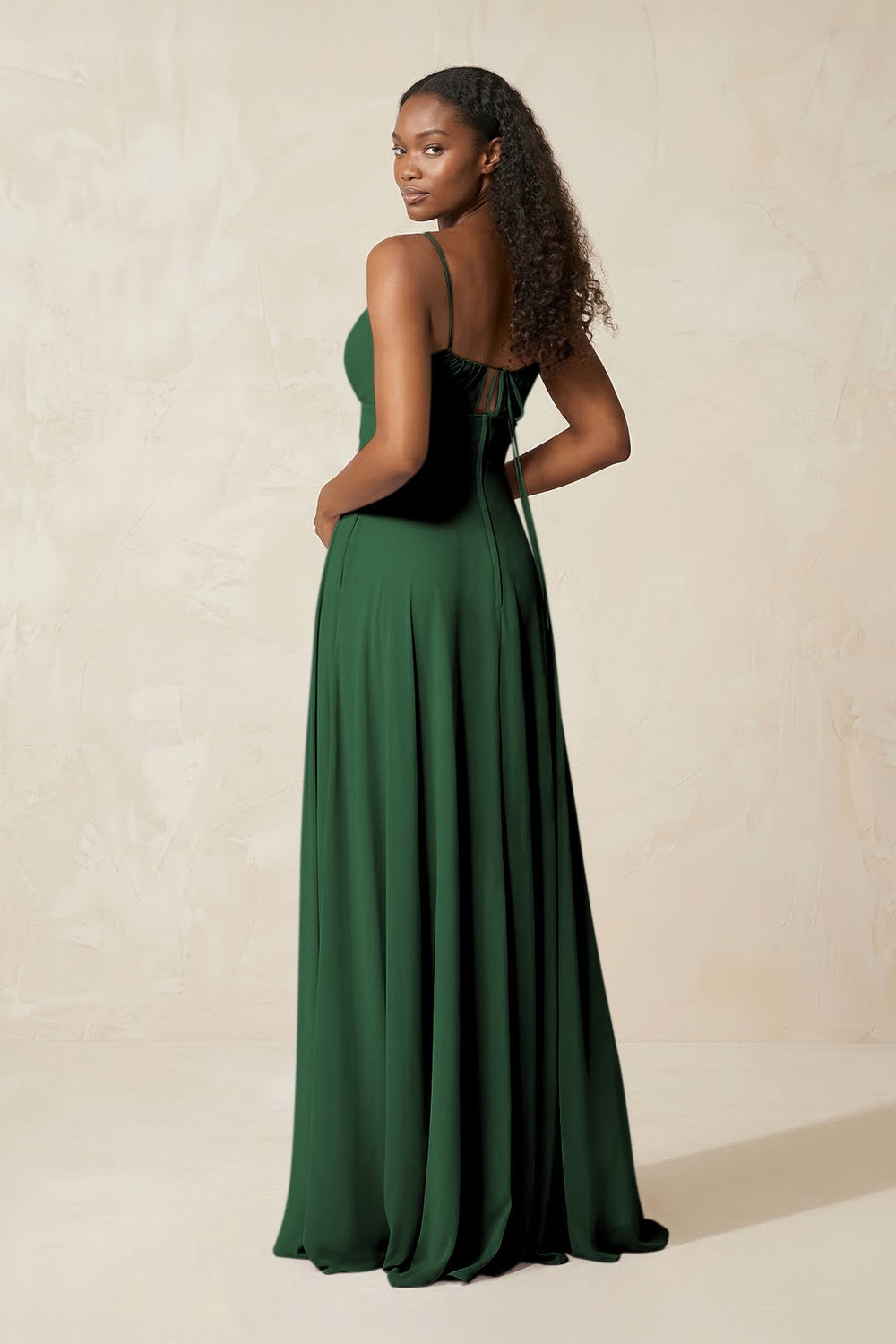 A - Line Ruched Chiffon Spaghetti Strap Bridesmaid Dress in Dark Green - KissProm Bridesmaid Dresses