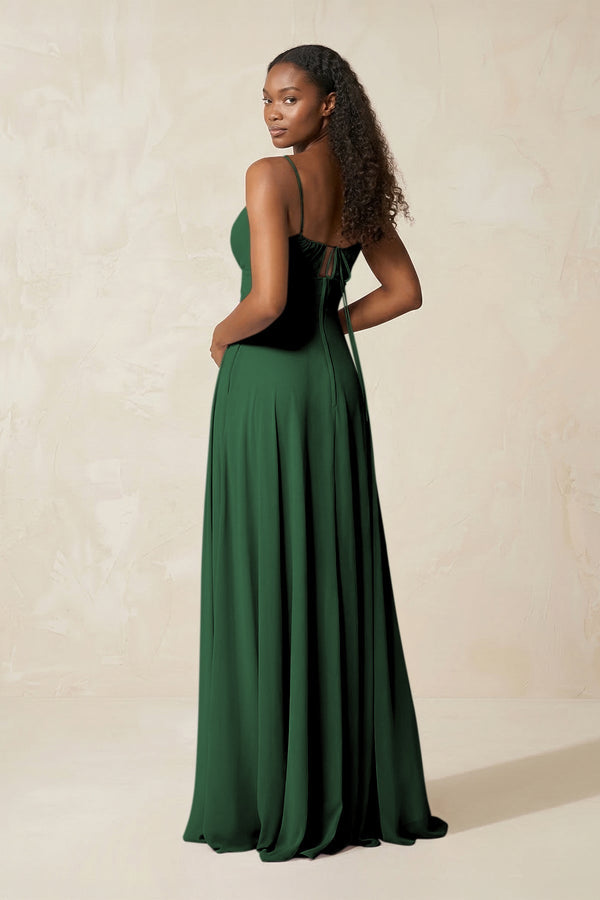 A - Line Ruched Chiffon Spaghetti Strap Bridesmaid Dress in Dark Green - KissProm Bridesmaid Dresses