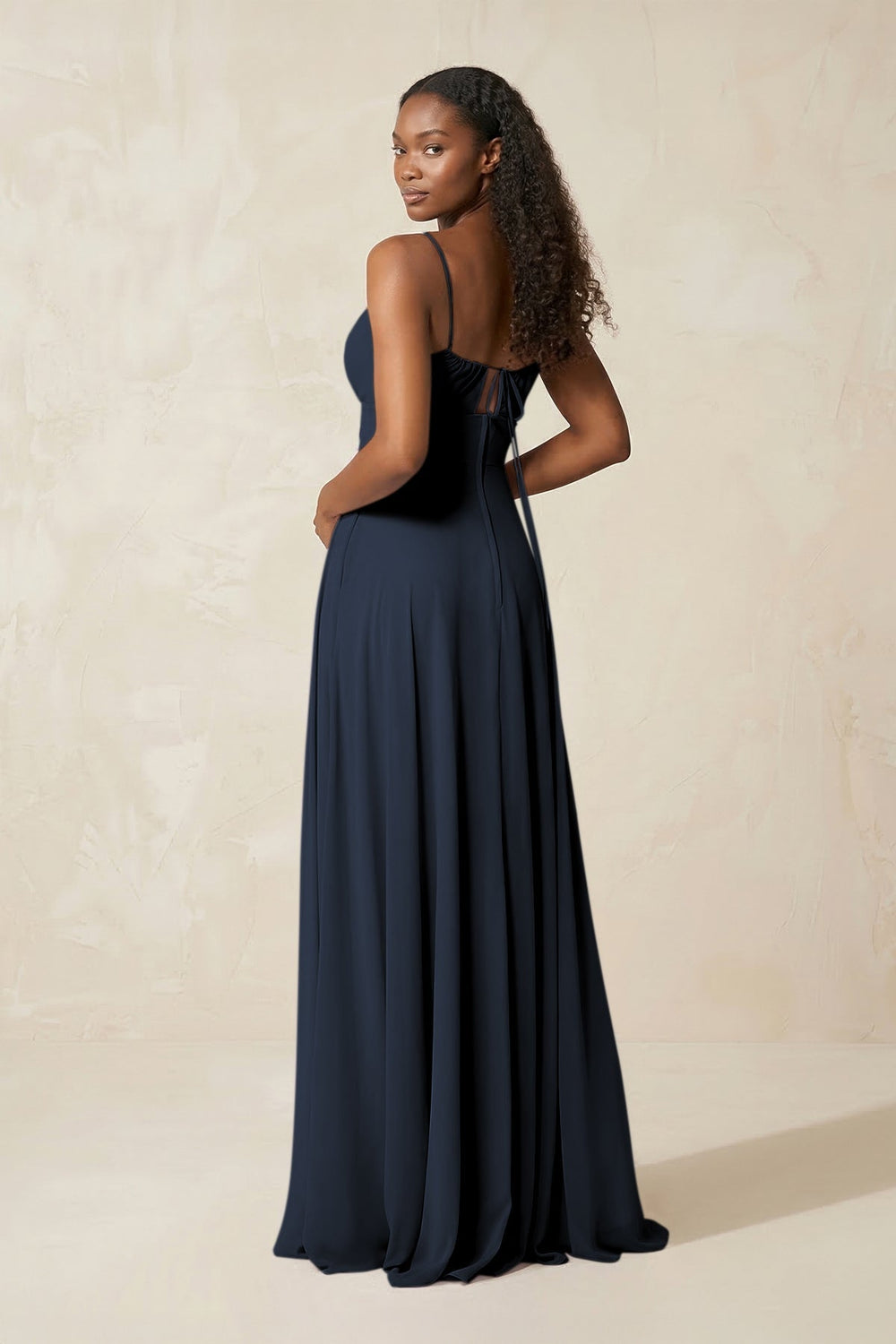 A - Line Ruched Chiffon Spaghetti Strap Bridesmaid Dress in Dark Navy - KissProm Bridesmaid Dresses