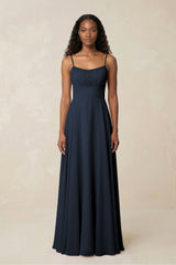 A - Line Ruched Chiffon Spaghetti Strap Bridesmaid Dress in Dark Navy - KissProm Bridesmaid Dresses
