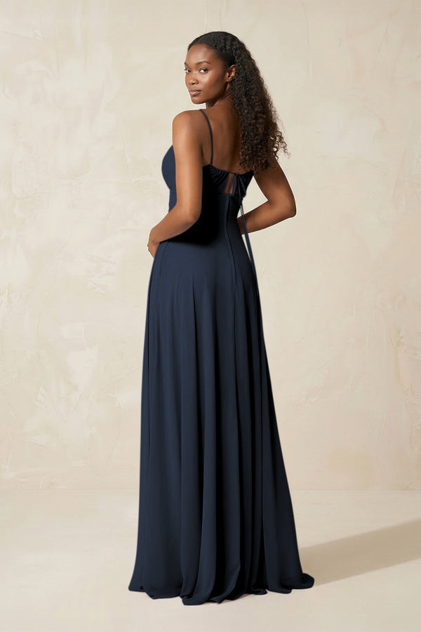 A - Line Ruched Chiffon Spaghetti Strap Bridesmaid Dress in Dark Navy - KissProm Bridesmaid Dresses
