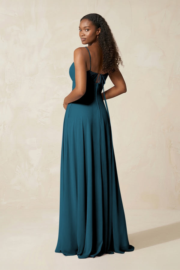 A - Line Ruched Chiffon Spaghetti Strap Bridesmaid Dress in Dark Teal - KissProm Bridesmaid Dresses