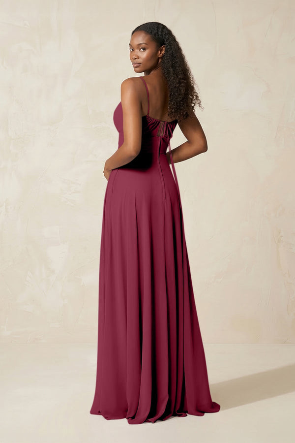A - Line Ruched Chiffon Spaghetti Strap Bridesmaid Dress in Desert Rose - KissProm Bridesmaid Dresses