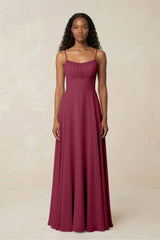 A - Line Ruched Chiffon Spaghetti Strap Bridesmaid Dress in Desert Rose - KissProm Bridesmaid Dresses