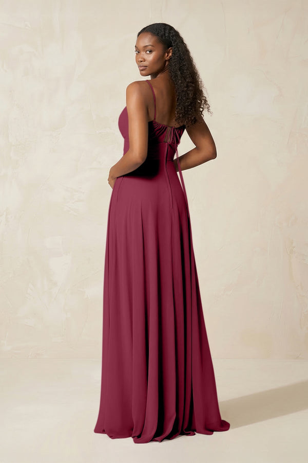 A - Line Ruched Chiffon Spaghetti Strap Bridesmaid Dress in Desert Rose - KissProm Bridesmaid Dresses