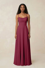 A - Line Ruched Chiffon Spaghetti Strap Bridesmaid Dress in Desert Rose - KissProm Bridesmaid Dresses