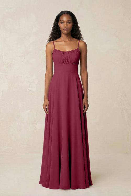 A - Line Ruched Chiffon Spaghetti Strap Bridesmaid Dress in Desert Rose - KissProm Bridesmaid Dresses
