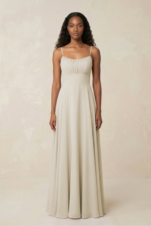 A - Line Ruched Chiffon Spaghetti Strap Bridesmaid Dress in Dove Gray - KissProm Bridesmaid Dresses