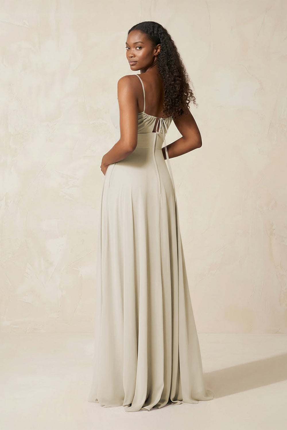 A - Line Ruched Chiffon Spaghetti Strap Bridesmaid Dress in Dove Gray - KissProm Bridesmaid Dresses