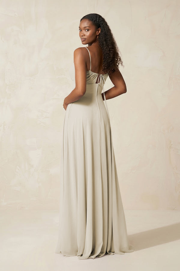 A - Line Ruched Chiffon Spaghetti Strap Bridesmaid Dress in Dove Gray - KissProm Bridesmaid Dresses
