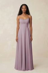 A - Line Ruched Chiffon Spaghetti Strap Bridesmaid Dress in Dusk - KissProm Bridesmaid Dresses