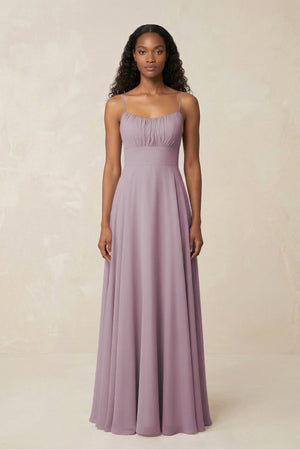 A - Line Ruched Chiffon Spaghetti Strap Bridesmaid Dress in Dusk - KissProm Bridesmaid Dresses