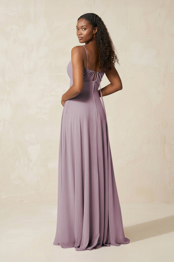 A - Line Ruched Chiffon Spaghetti Strap Bridesmaid Dress in Dusk - KissProm Bridesmaid Dresses