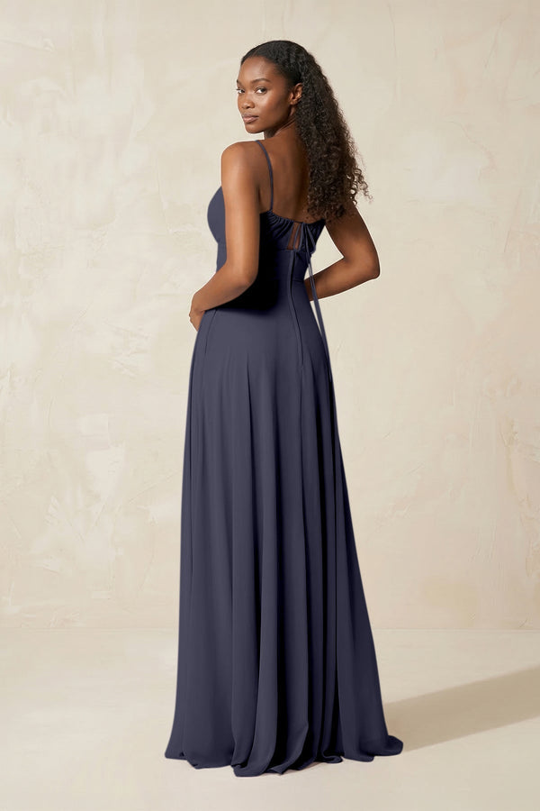 A - Line Ruched Chiffon Spaghetti Strap Bridesmaid Dress in Dusk Blue - KissProm Bridesmaid Dresses