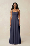A - Line Ruched Chiffon Spaghetti Strap Bridesmaid Dress in Dusk Blue - KissProm Bridesmaid Dresses