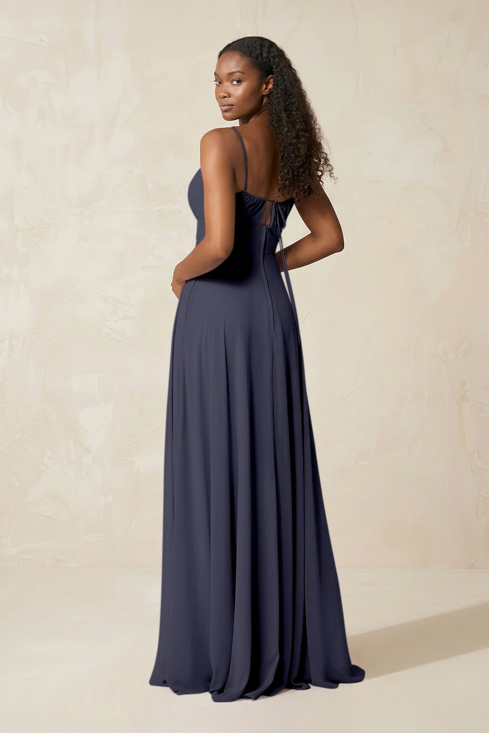 A - Line Ruched Chiffon Spaghetti Strap Bridesmaid Dress in Dusk Blue - KissProm Bridesmaid Dresses