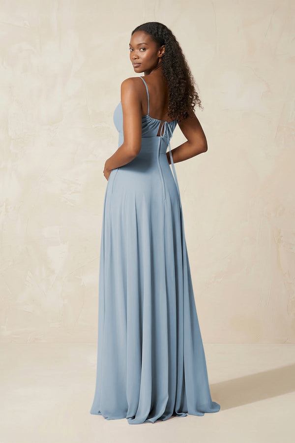 A - Line Ruched Chiffon Spaghetti Strap Bridesmaid Dress in Dusty Blue - KissProm Bridesmaid Dresses
