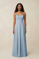 A - Line Ruched Chiffon Spaghetti Strap Bridesmaid Dress in Dusty Blue - KissProm Bridesmaid Dresses