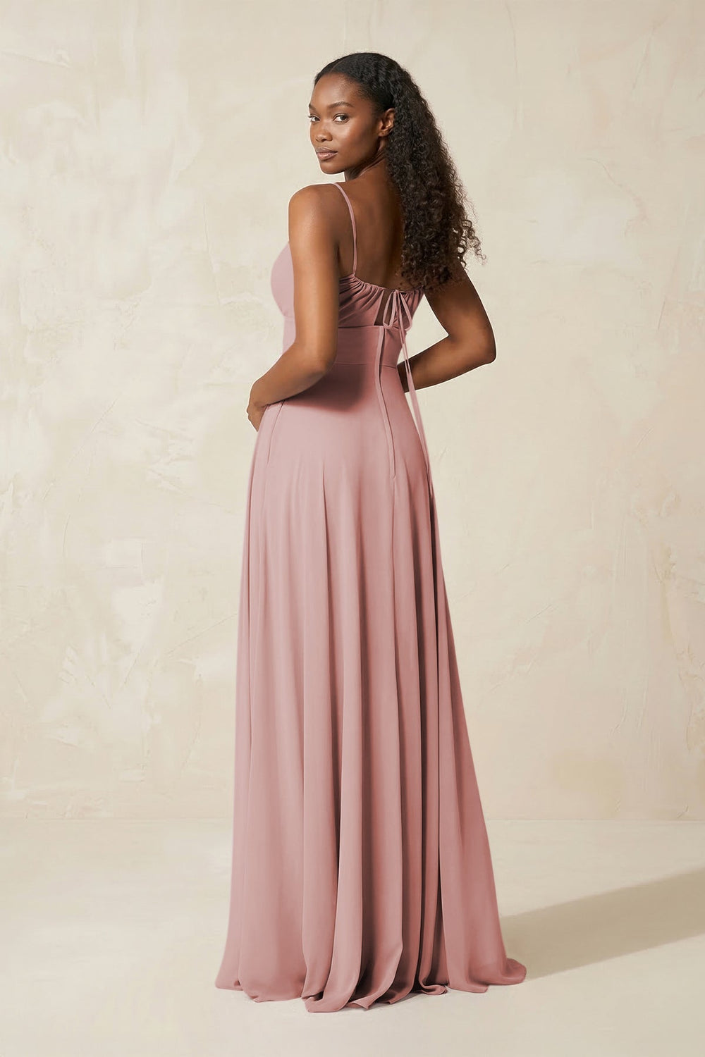 A - Line Ruched Chiffon Spaghetti Strap Bridesmaid Dress in Dusty Rose - KissProm Bridesmaid Dresses