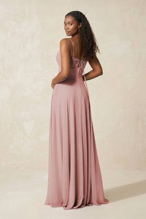 A - Line Ruched Chiffon Spaghetti Strap Bridesmaid Dress in Dusty Rose - KissProm Bridesmaid Dresses