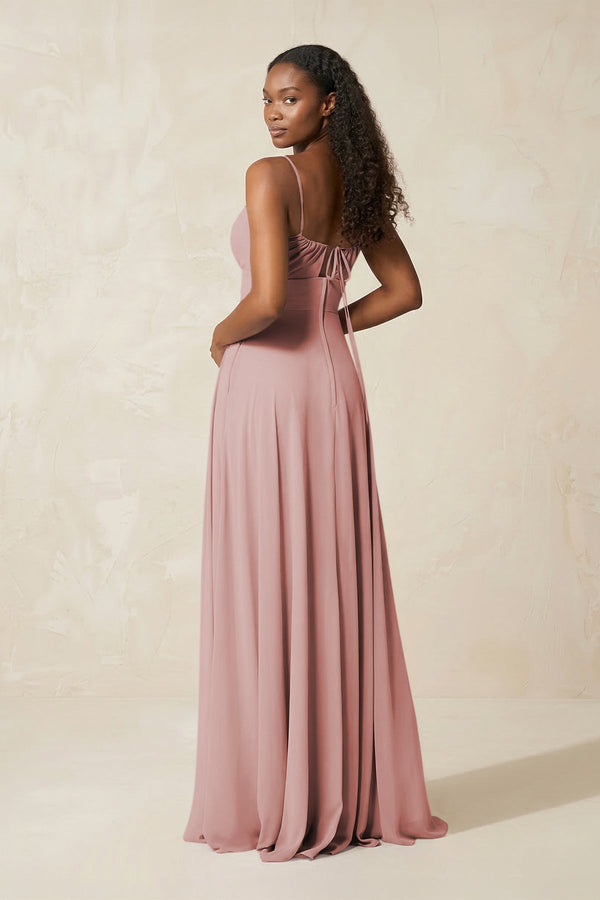 A - Line Ruched Chiffon Spaghetti Strap Bridesmaid Dress in Dusty Rose - KissProm Bridesmaid Dresses