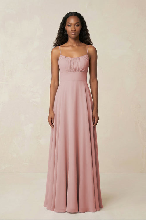 A - Line Ruched Chiffon Spaghetti Strap Bridesmaid Dress in Dusty Rose - KissProm Bridesmaid Dresses