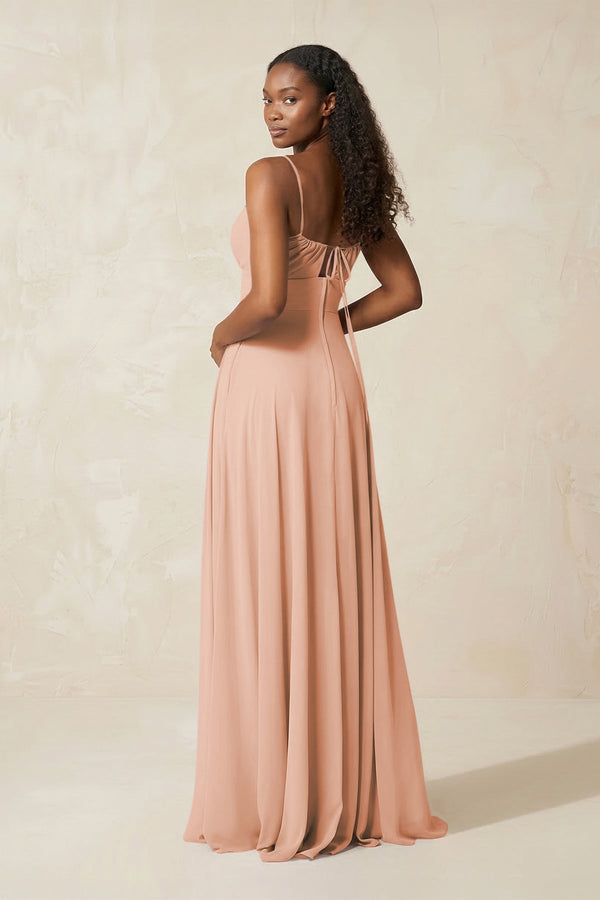 A - Line Ruched Chiffon Spaghetti Strap Bridesmaid Dress in English Rose - KissProm Bridesmaid Dresses