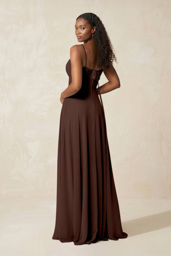A - Line Ruched Chiffon Spaghetti Strap Bridesmaid Dress in Espresso - KissProm Bridesmaid Dresses