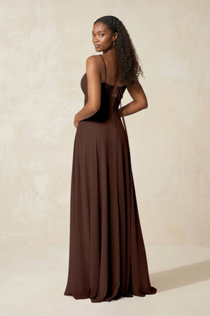 A - Line Ruched Chiffon Spaghetti Strap Bridesmaid Dress in Espresso - KissProm Bridesmaid Dresses