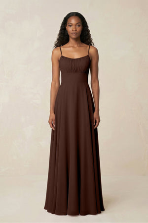 A - Line Ruched Chiffon Spaghetti Strap Bridesmaid Dress in Espresso - KissProm Bridesmaid Dresses