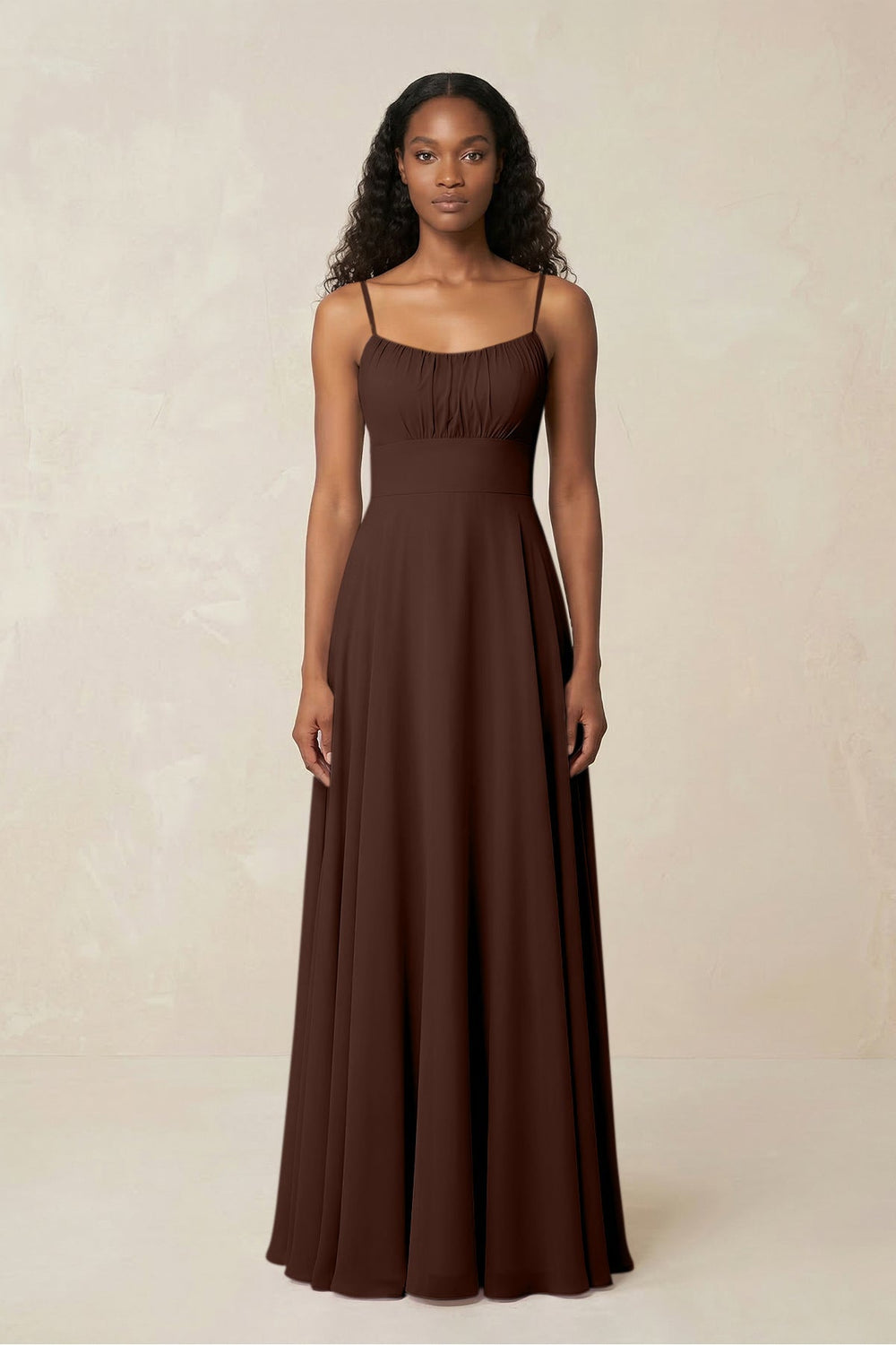 A - Line Ruched Chiffon Spaghetti Strap Bridesmaid Dress in Espresso - KissProm Bridesmaid Dresses