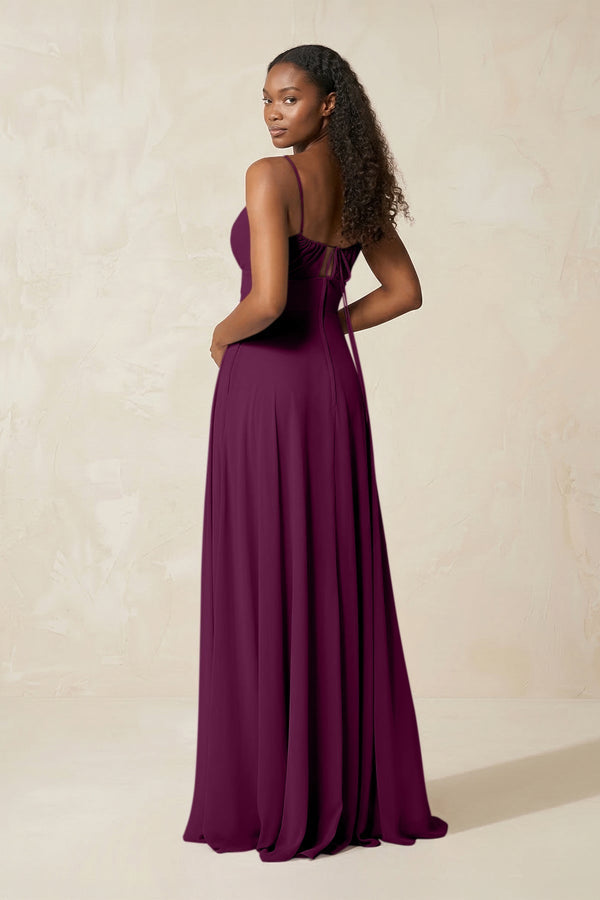 A - Line Ruched Chiffon Spaghetti Strap Bridesmaid Dress in Fig - KissProm Bridesmaid Dresses