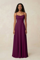 A - Line Ruched Chiffon Spaghetti Strap Bridesmaid Dress in Fig - KissProm Bridesmaid Dresses
