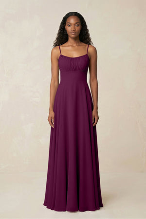 A - Line Ruched Chiffon Spaghetti Strap Bridesmaid Dress in Fig - KissProm Bridesmaid Dresses
