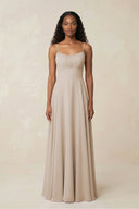 A - Line Ruched Chiffon Spaghetti Strap Bridesmaid Dress in Frost - KissProm Bridesmaid Dresses