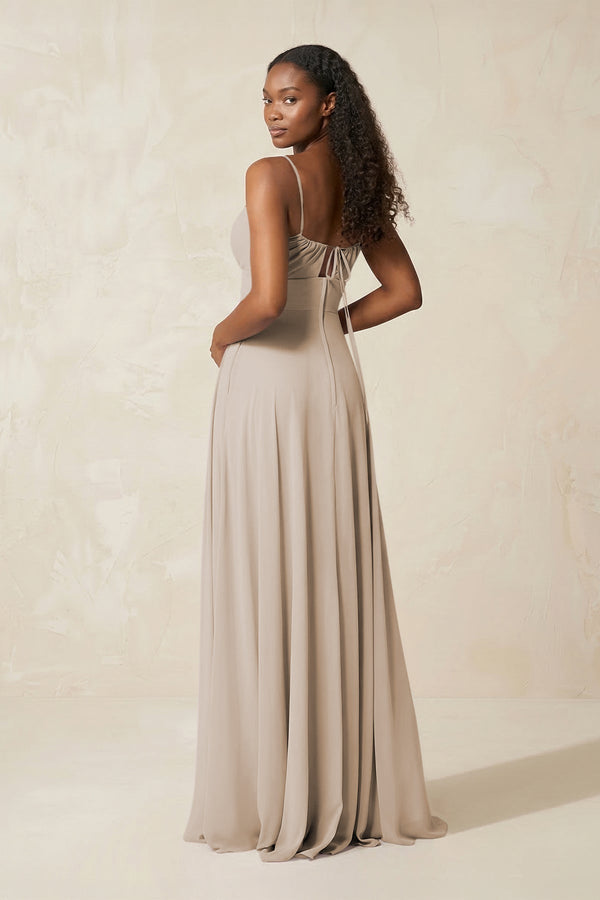 A - Line Ruched Chiffon Spaghetti Strap Bridesmaid Dress in Frost - KissProm Bridesmaid Dresses