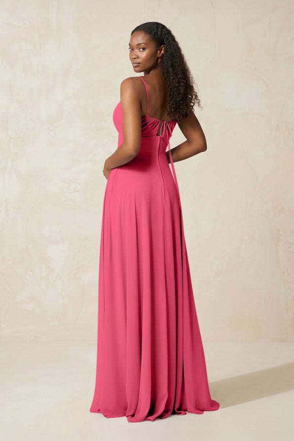A - Line Ruched Chiffon Spaghetti Strap Bridesmaid Dress in Fuchsia - KissProm Bridesmaid Dresses