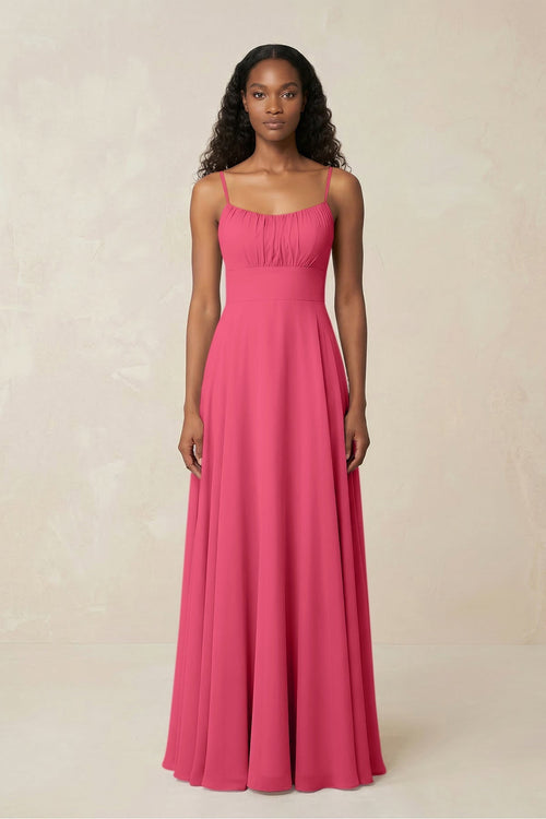 A - Line Ruched Chiffon Spaghetti Strap Bridesmaid Dress in Fuchsia - KissProm Bridesmaid Dresses