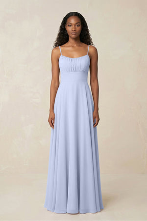 A - Line Ruched Chiffon Spaghetti Strap Bridesmaid Dress in Ice - KissProm Bridesmaid Dresses